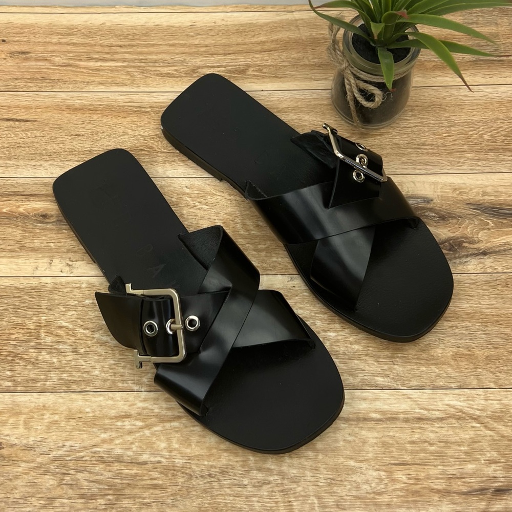 Ted Baker Black Leather Slide Sandals with Silver Buckles